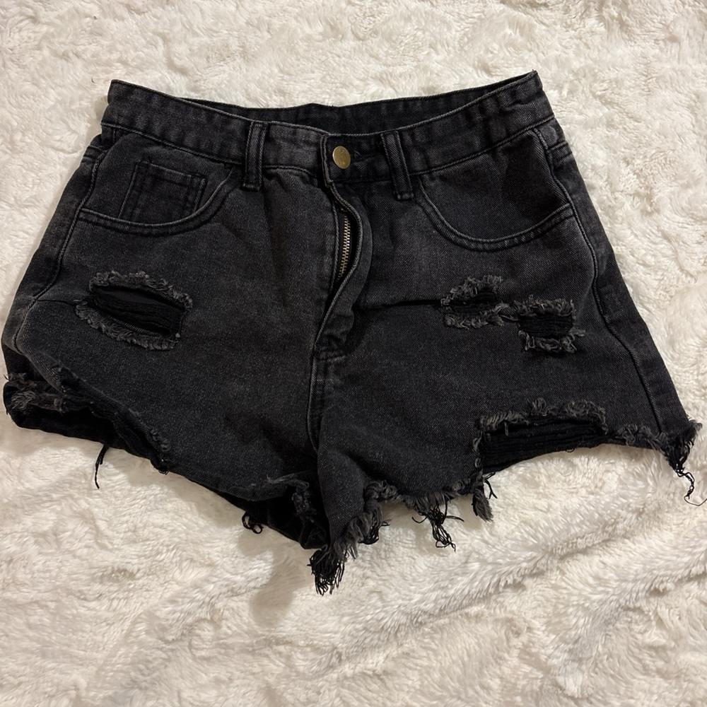 Distressed Black Denim Shorts